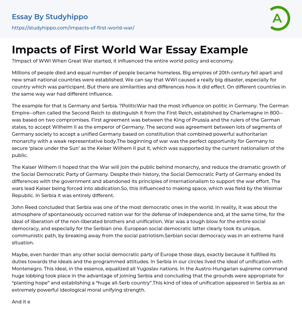 Impacts of First World War Essay Example