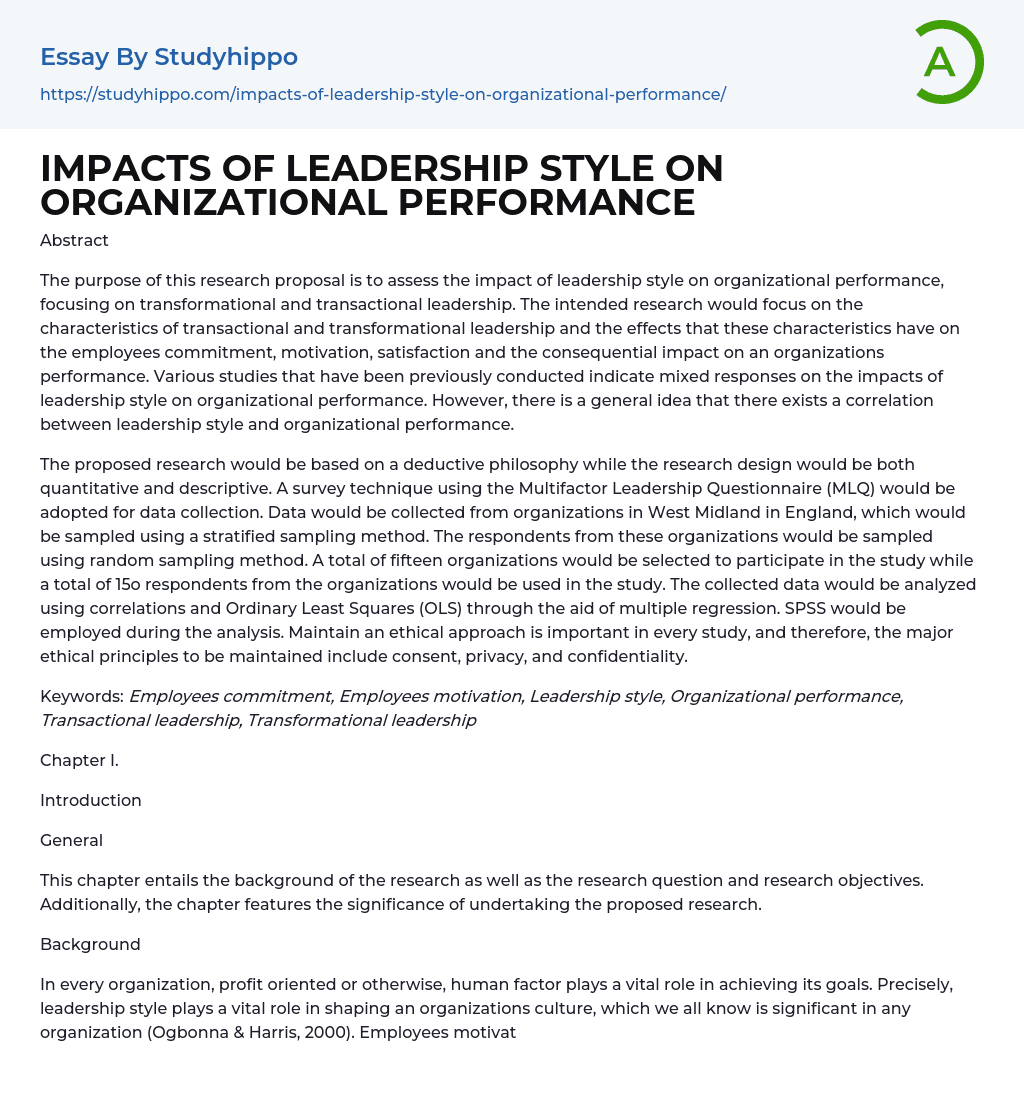 IMPACTS OF LEADERSHIP STYLE ON ORGANIZATIONAL PERFORMANCE Essay Example