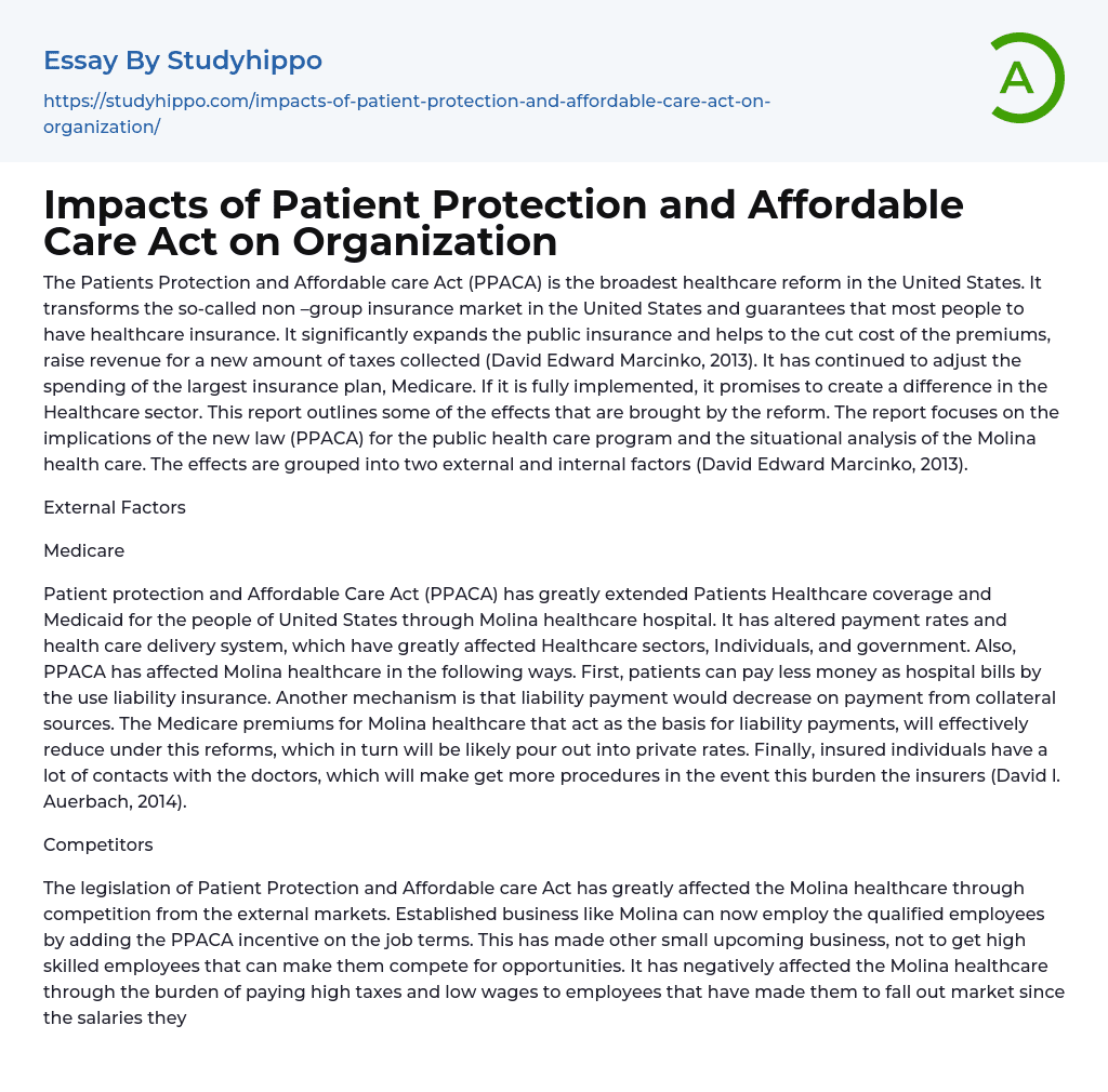 Impacts of Patient Protection and Affordable Care Act on Organization Essay Example