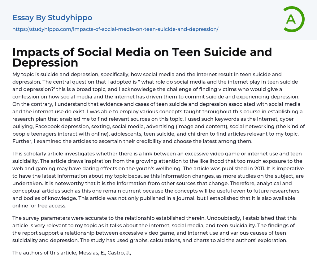 Impacts of Social Media on Teen Suicide and Depression Essay Example