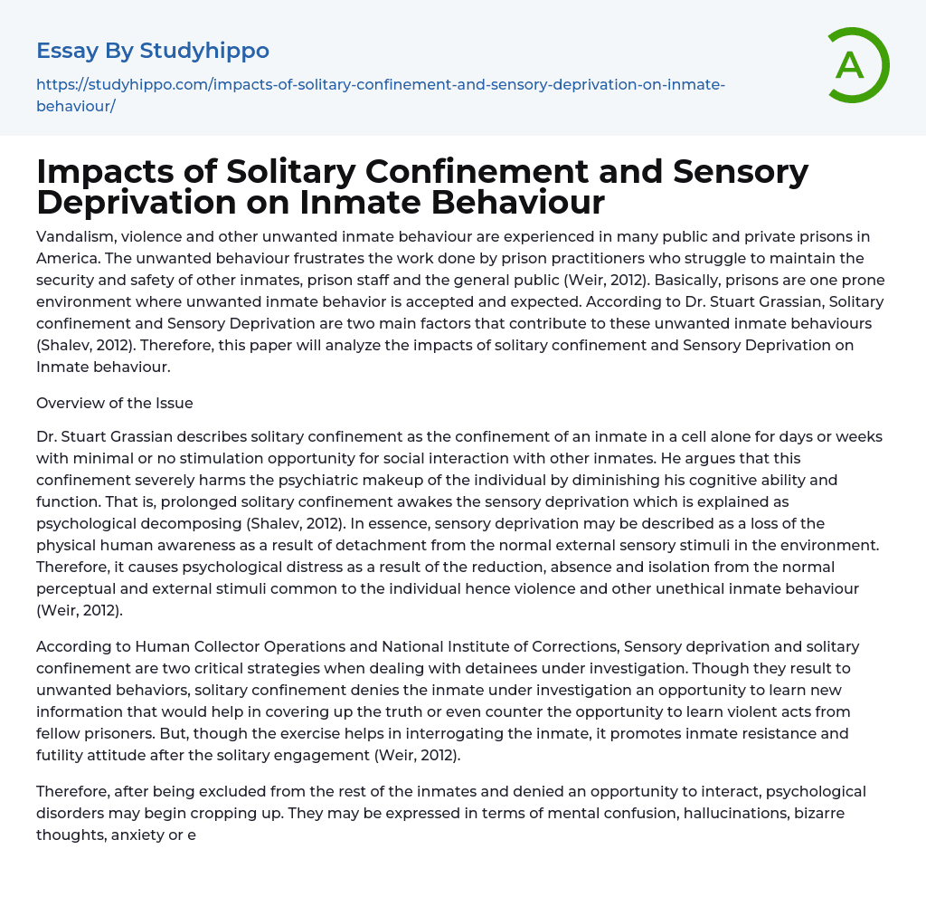 Impacts of Solitary Confinement and Sensory Deprivation on Inmate Behaviour Essay Example