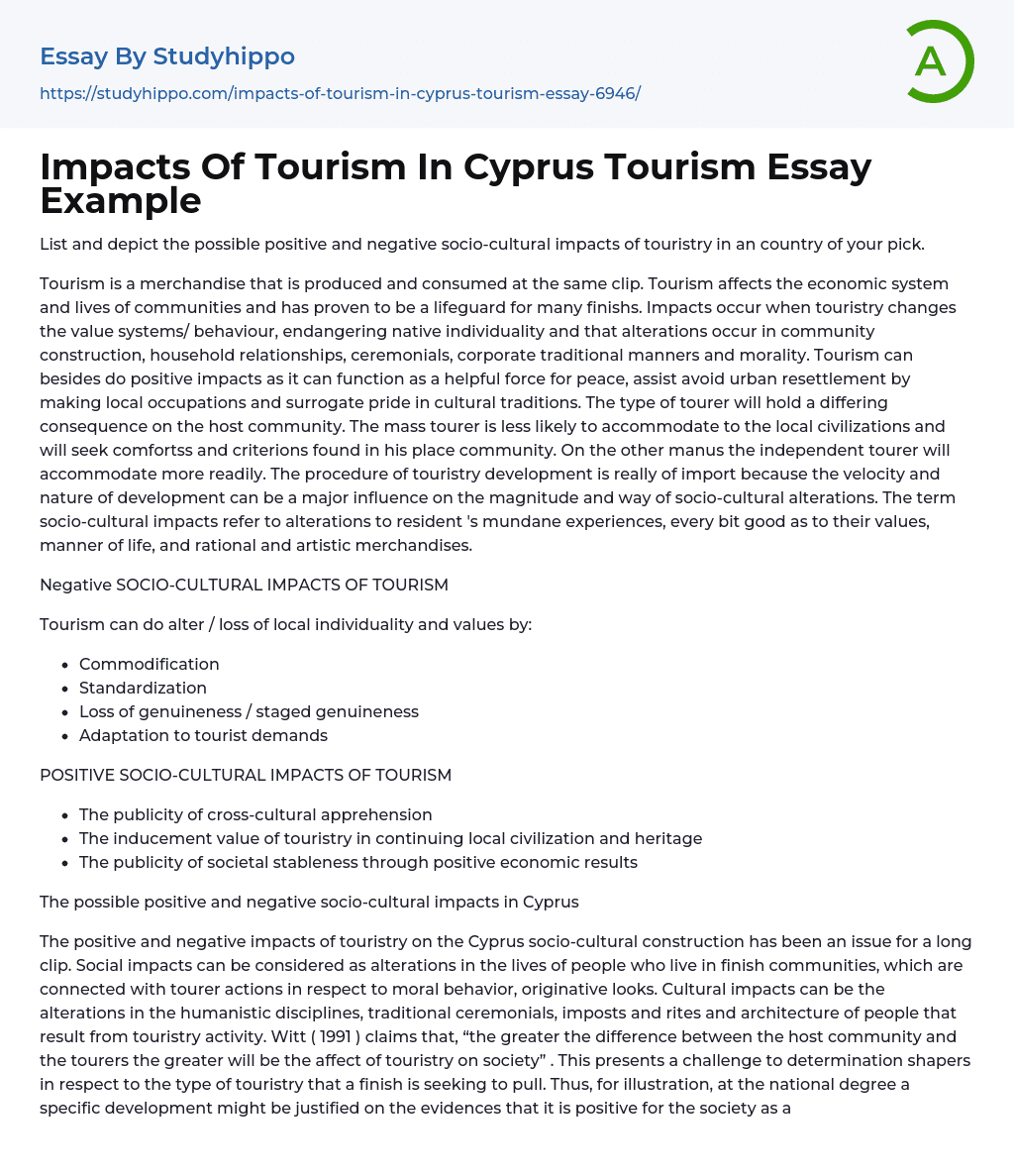 Impacts Of Tourism In Cyprus Tourism Essay Example