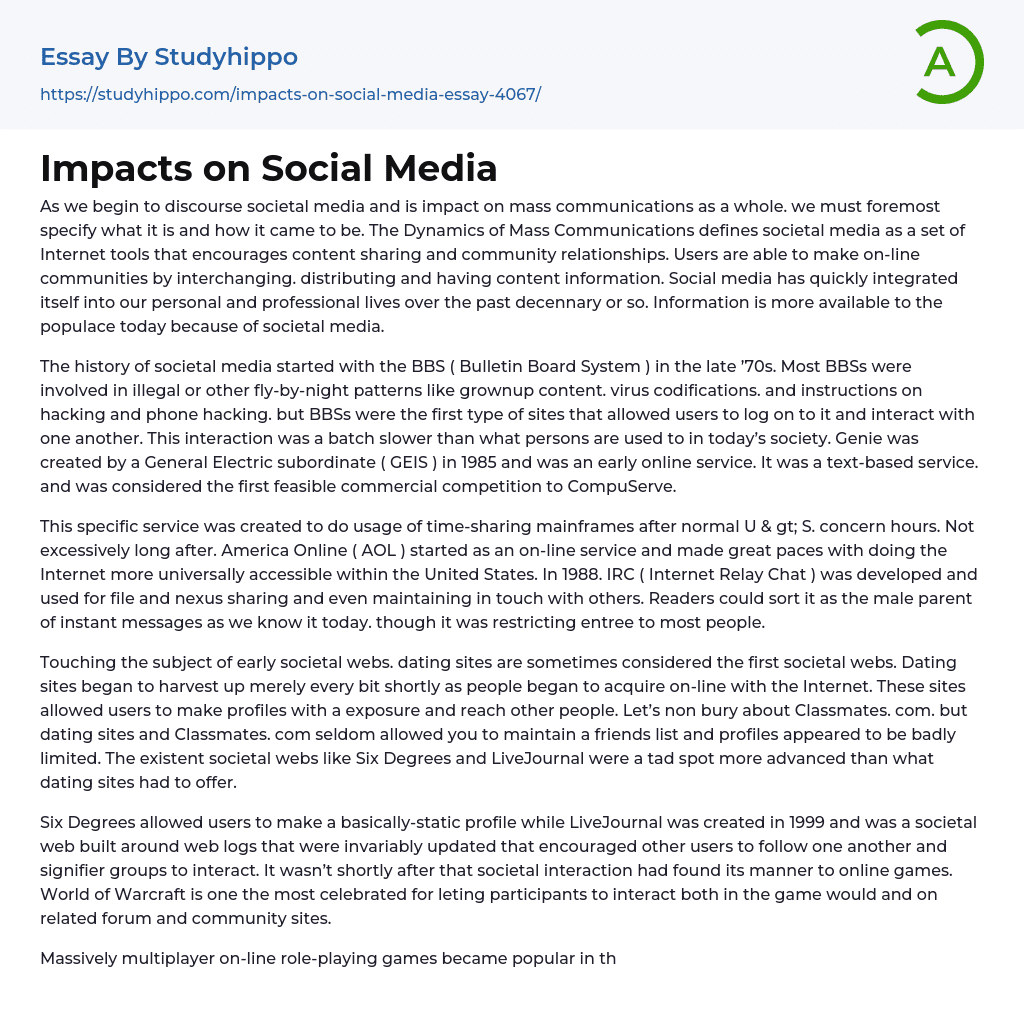 Impacts on Social Media Essay Example