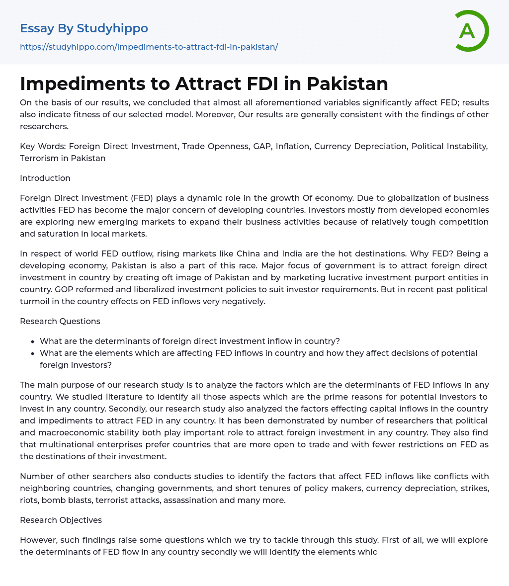 Impediments to Attract FDI in Pakistan Essay Example