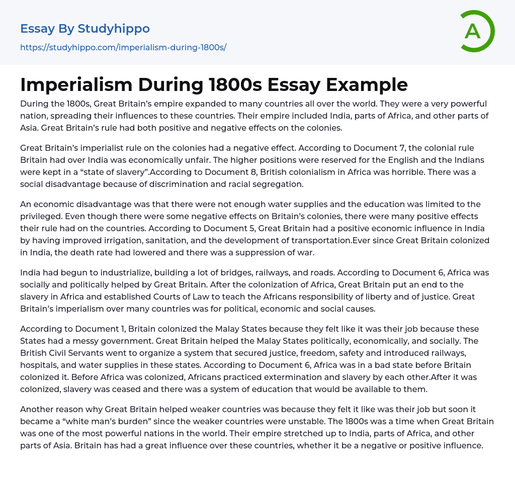 Imperialism During 1800s Essay Example