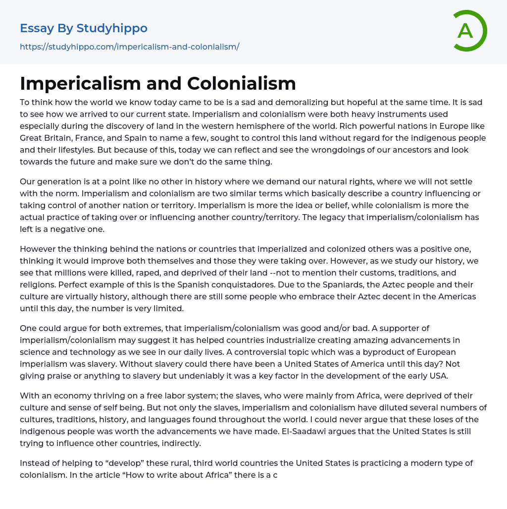 Impericalism and Colonialism Essay Example