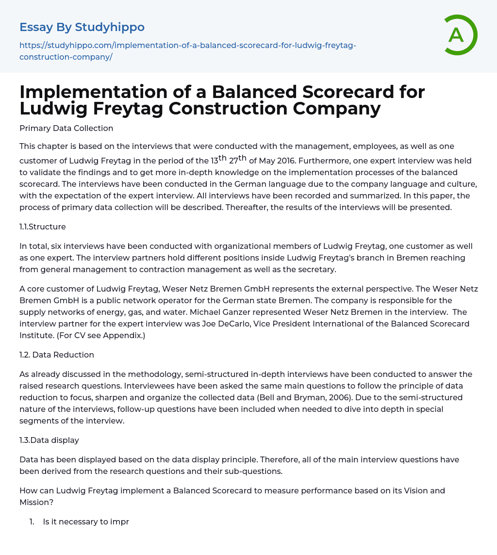 Implementation of a Balanced Scorecard for Ludwig Freytag Construction Company Essay Example