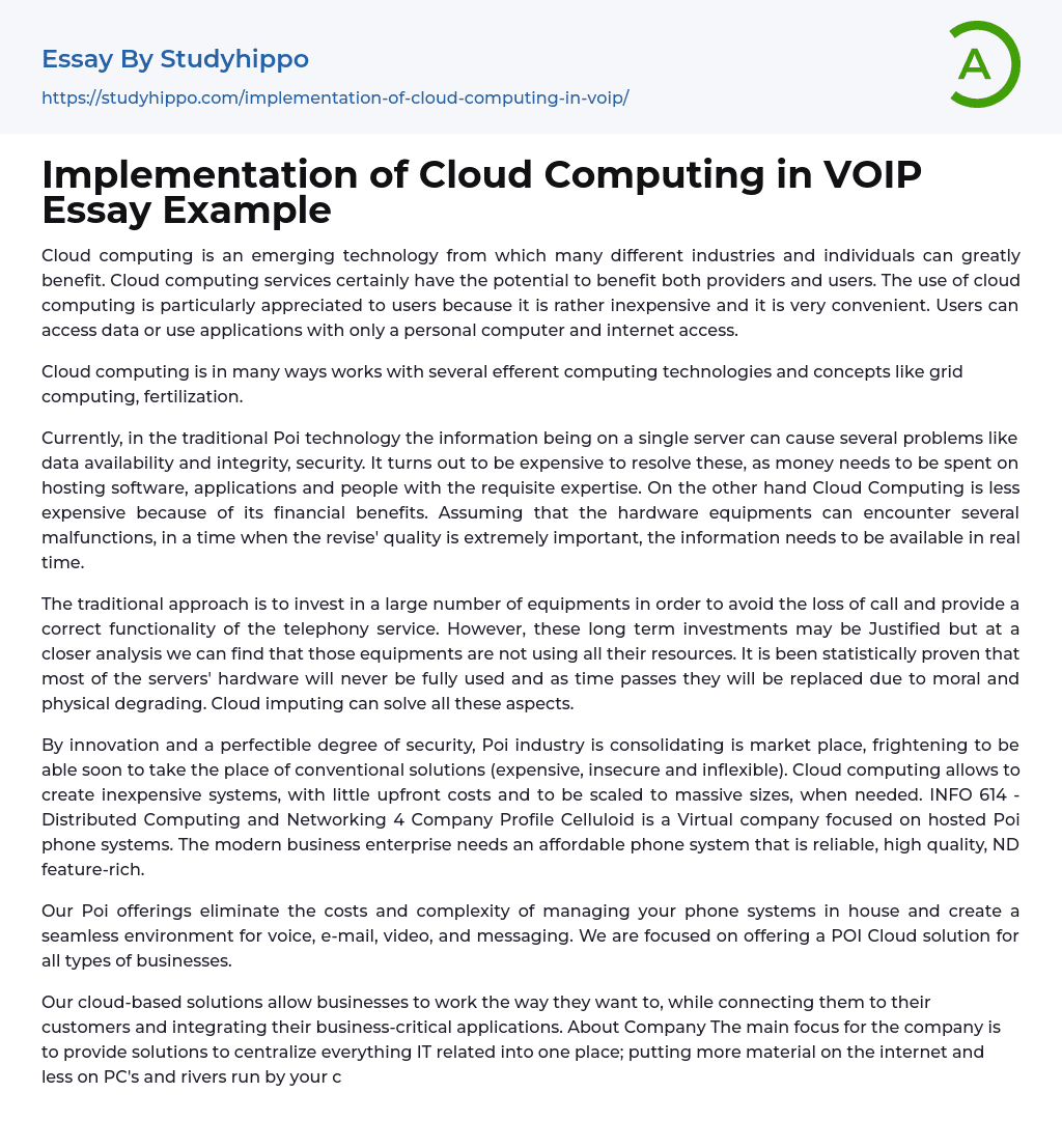 Implementation of Cloud Computing in VOIP Essay Example