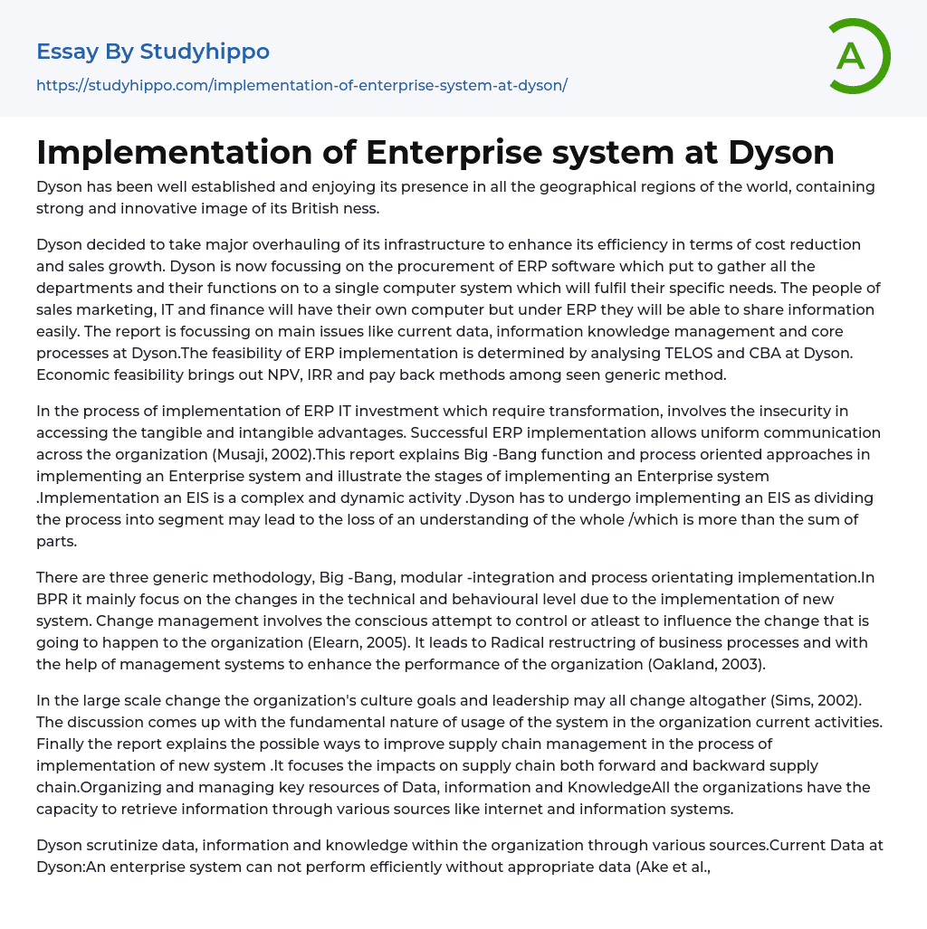 Implementation of Enterprise system at Dyson Essay Example