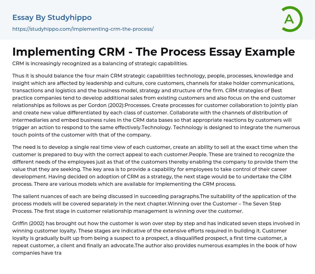 Implementing CRM – The Process Essay Example