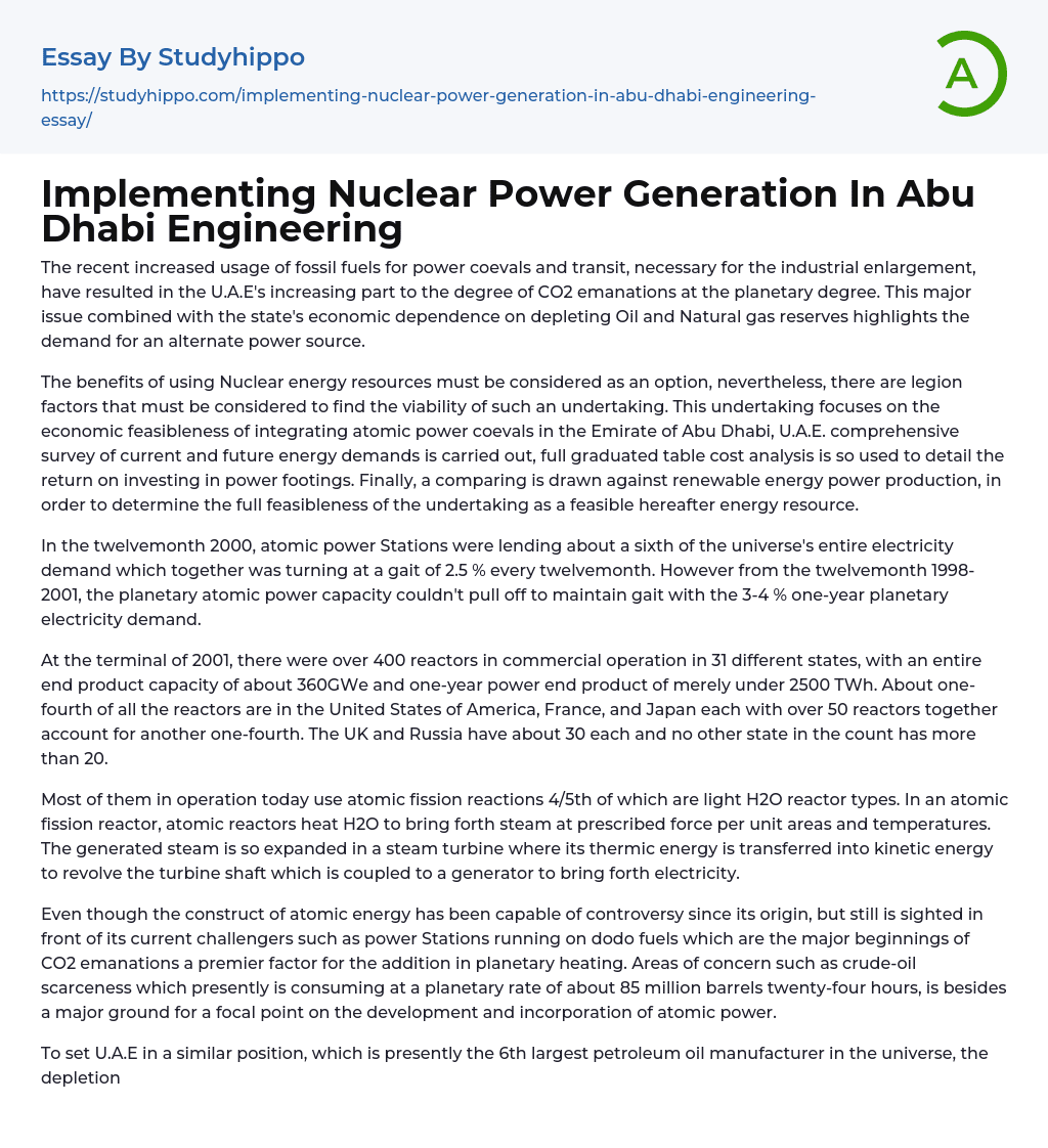 Implementing Nuclear Power Generation In Abu Dhabi Engineering Essay Example