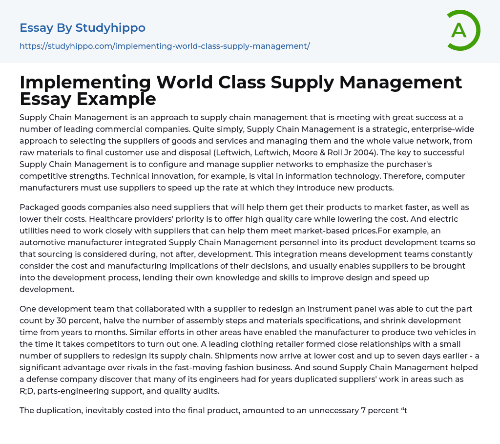 Implementing World Class Supply Management Essay Example