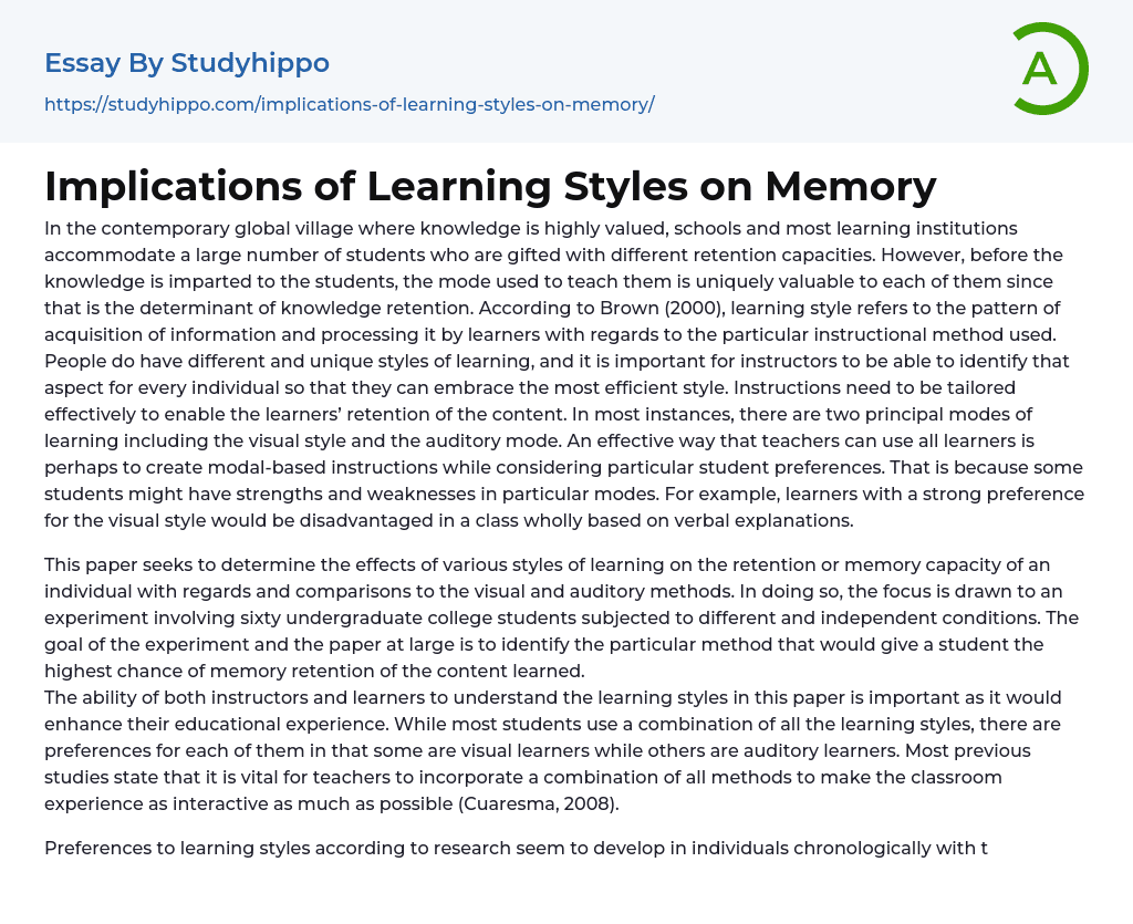 Implications of Learning Styles on Memory Essay Example