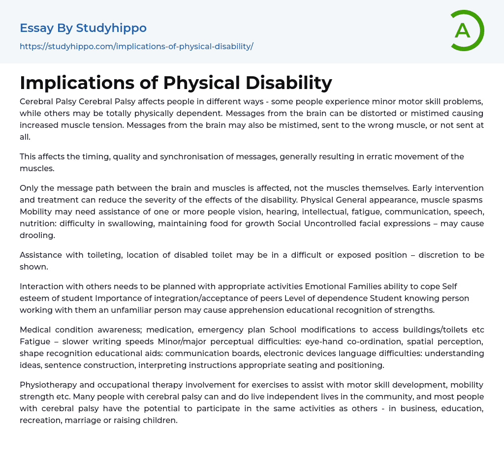 Implications of Physical Disability Essay Example