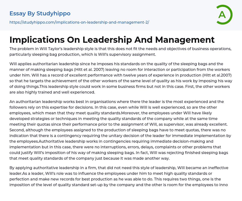 Implications On Leadership And Management Essay Example