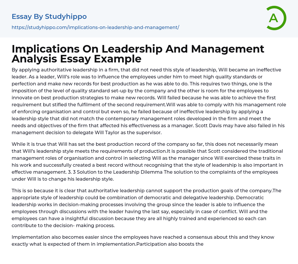 Implications On Leadership And Management Analysis Essay Example