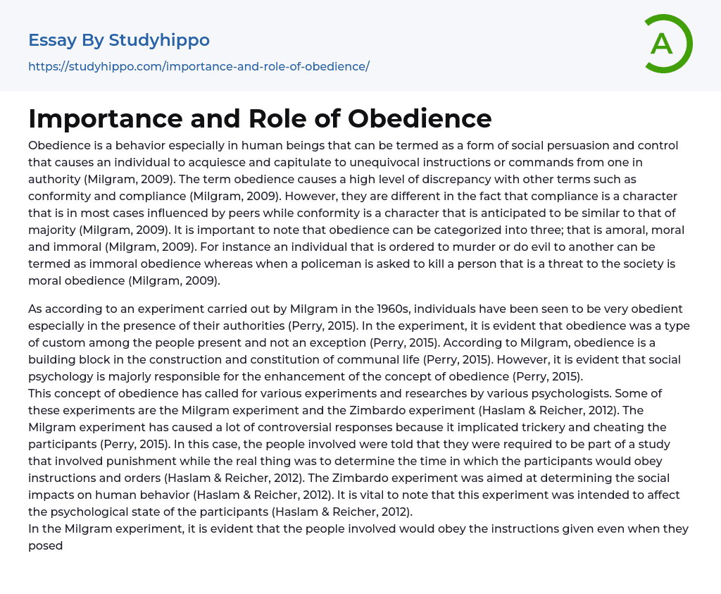 Importance and Role of Obedience Essay Example