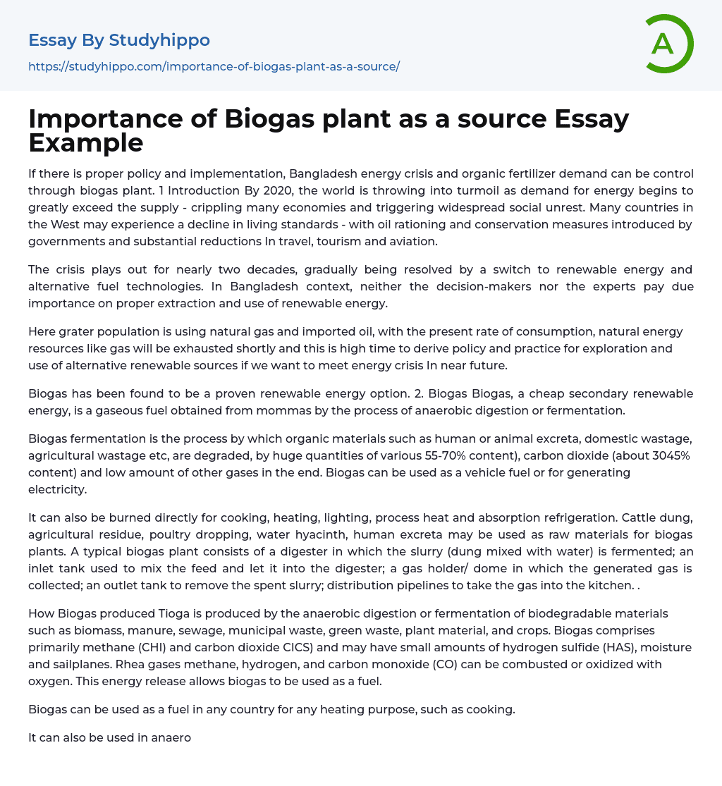Importance of Biogas plant as a source Essay Example