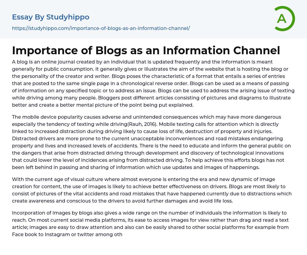 Importance of Blogs as an Information Channel Essay Example