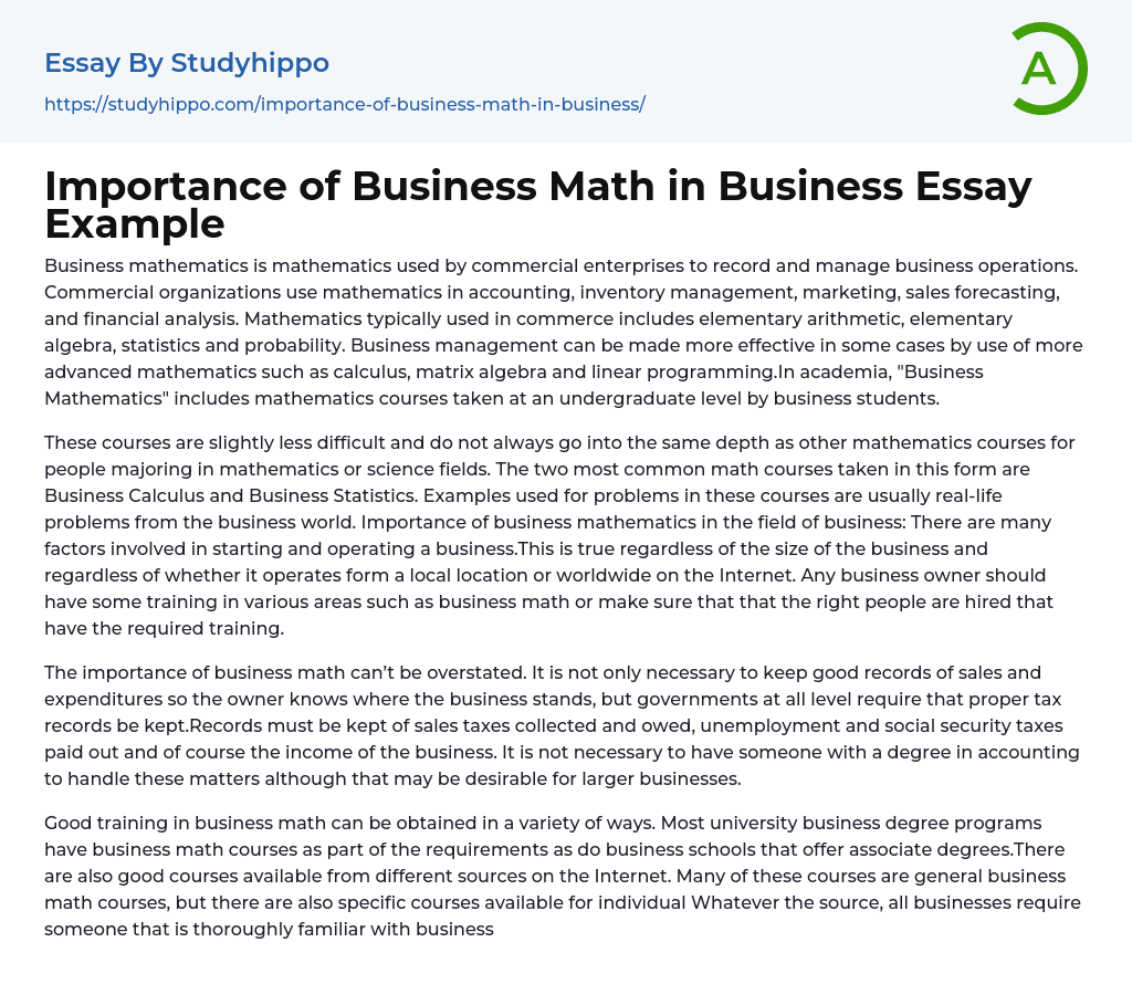Importance of Business Math in Business Essay Example