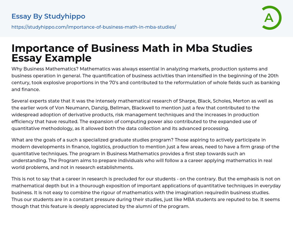 Importance of Business Math in Mba Studies Essay Example