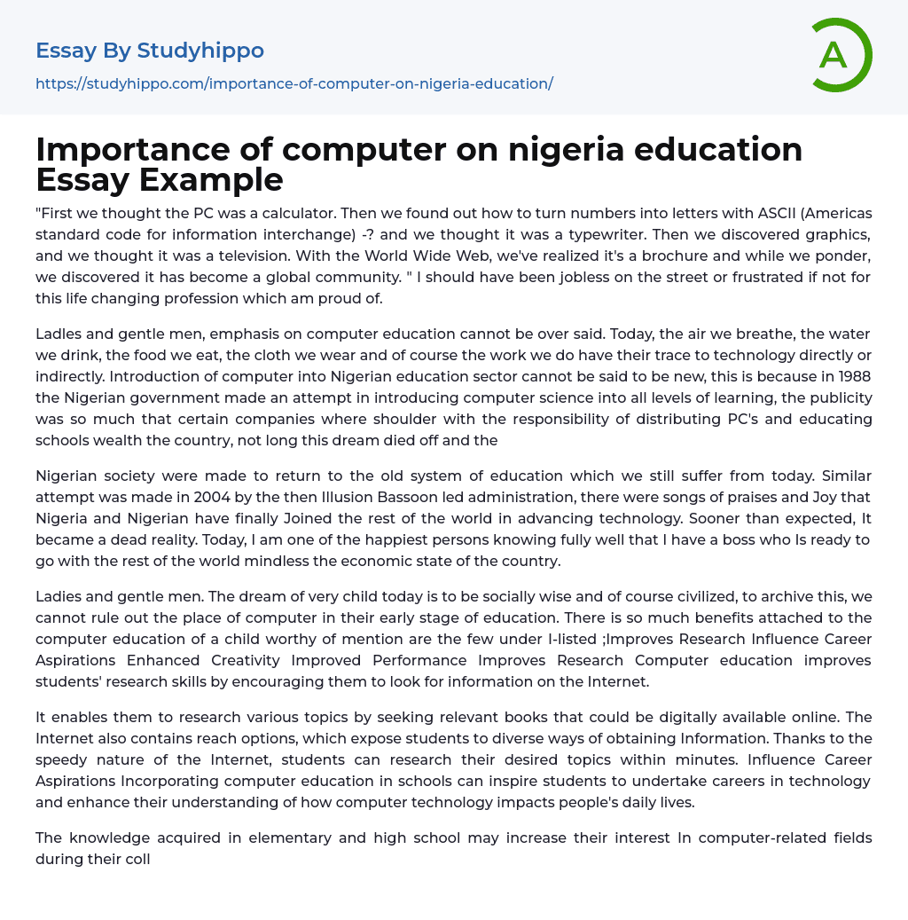 Importance of computer on nigeria education Essay Example