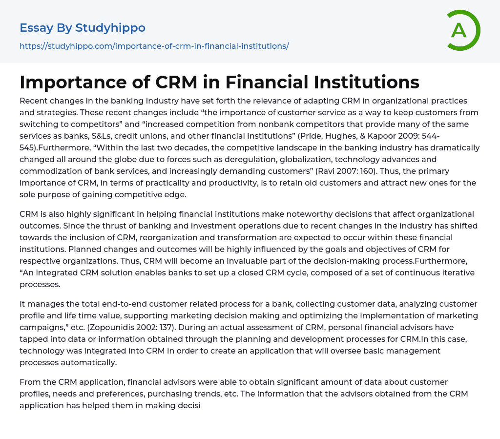 Importance of CRM in Financial Institutions Essay Example