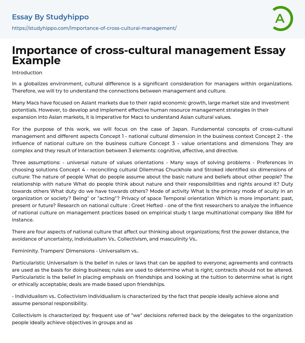 Importance of cross-cultural management Essay Example