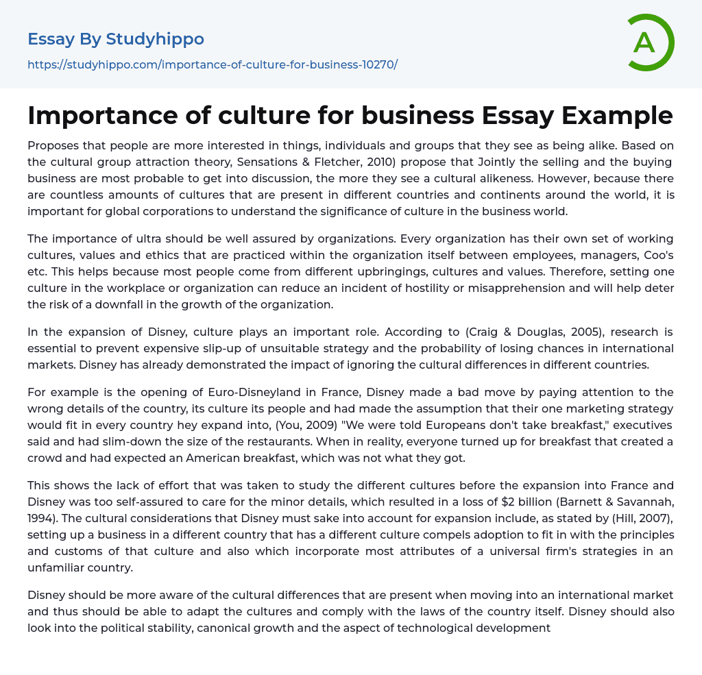 Importance of culture for business Essay Example