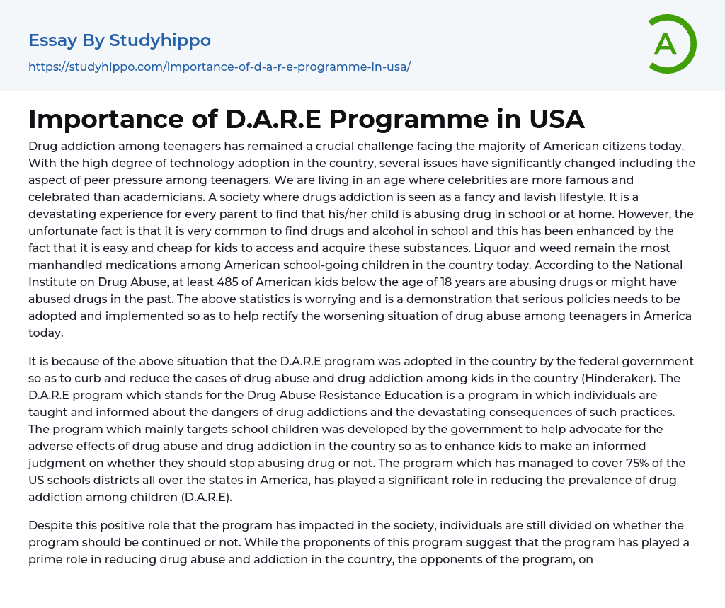 Importance of D.A.R.E Programme in USA Essay Example