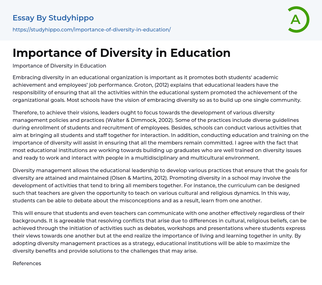 Importance of Diversity in Education Essay Example