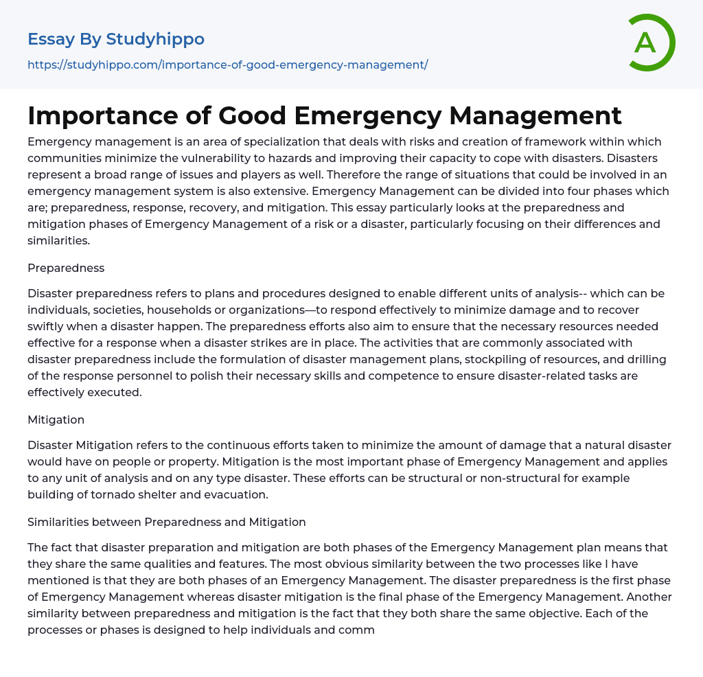 Importance of Good Emergency Management Essay Example