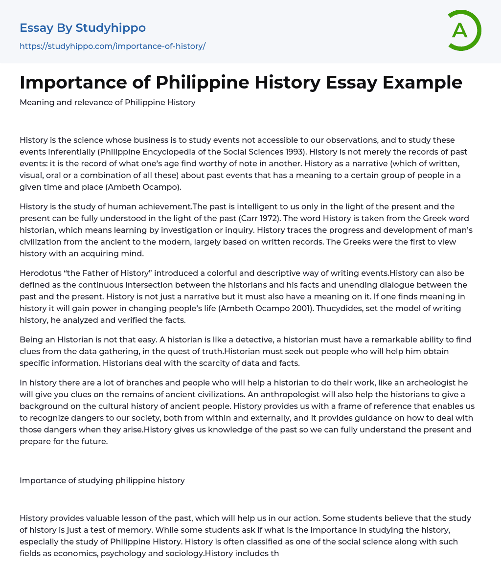 Importance of Philippine History Essay Example