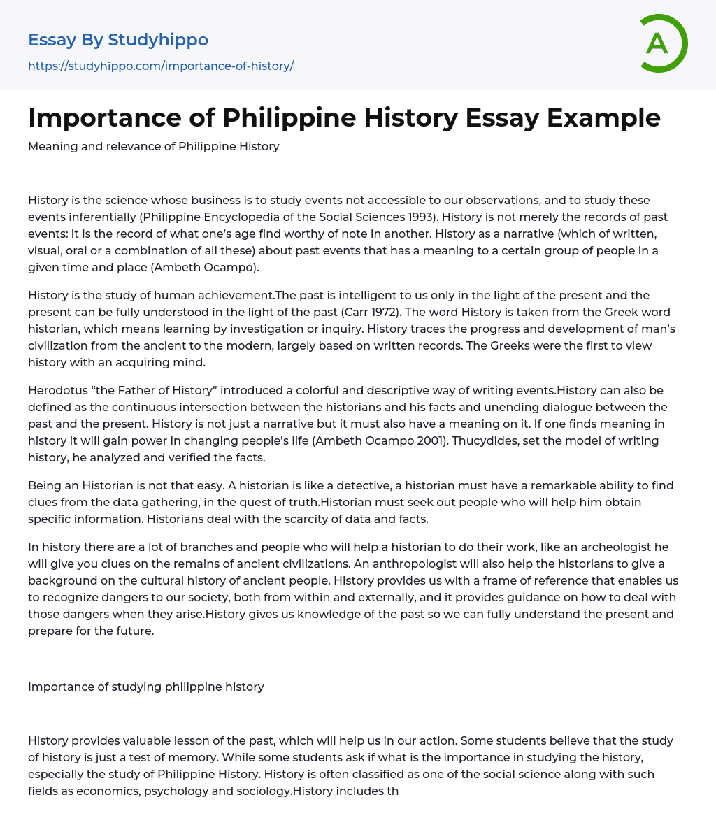 Importance Of Philippine History Essay Example StudyHippo