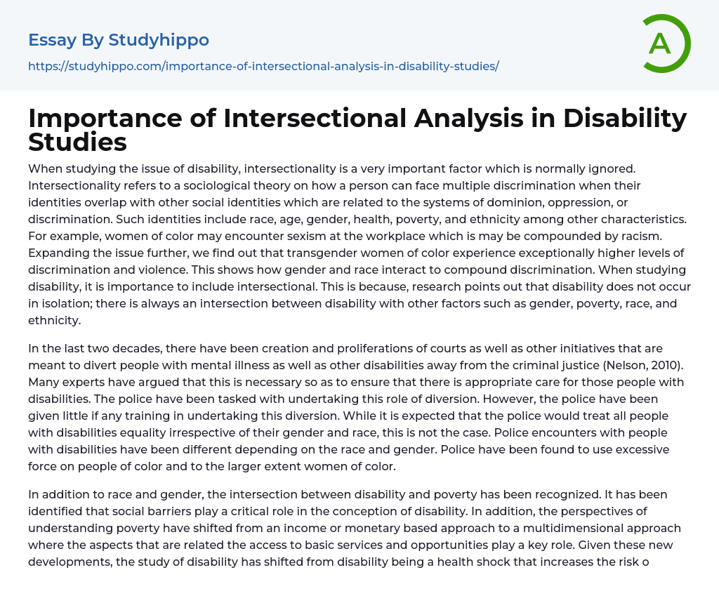 Importance of Intersectional Analysis in Disability Studies Essay Example