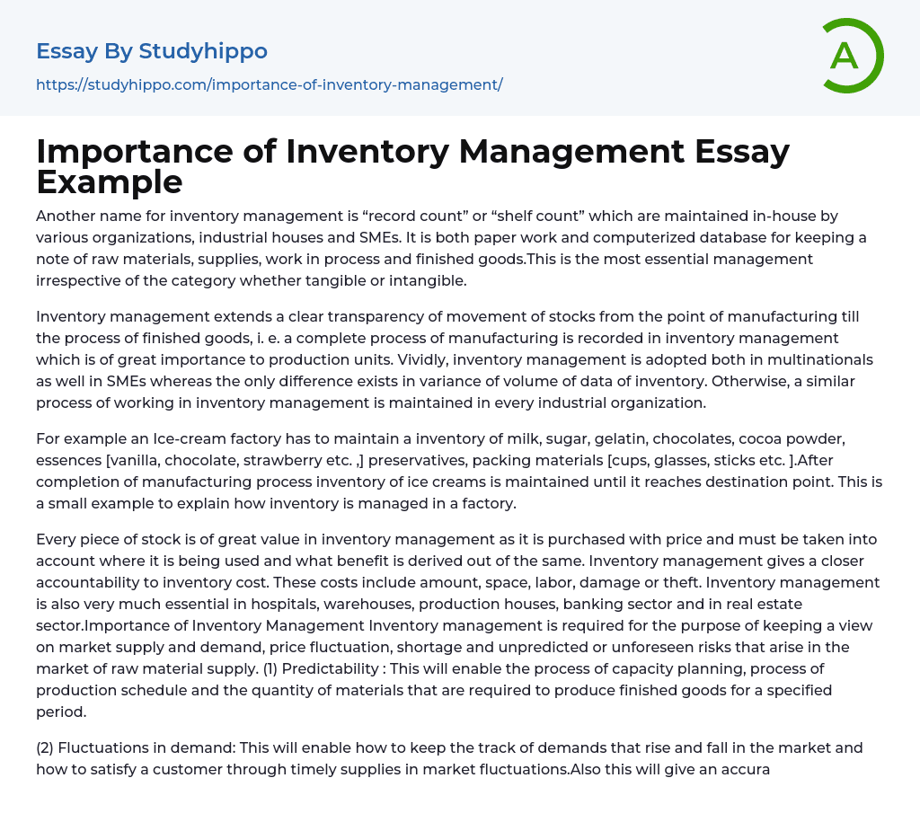Importance of Inventory Management Essay Example