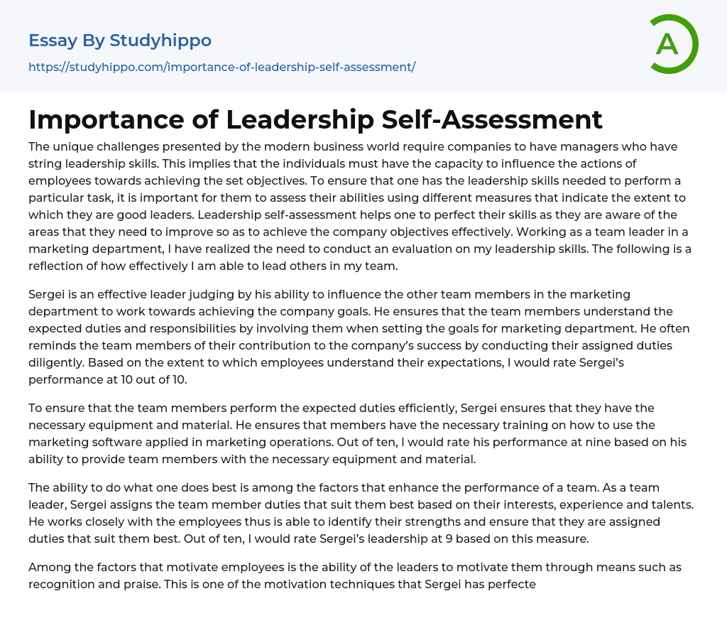 Importance of Leadership Self-Assessment Essay Example