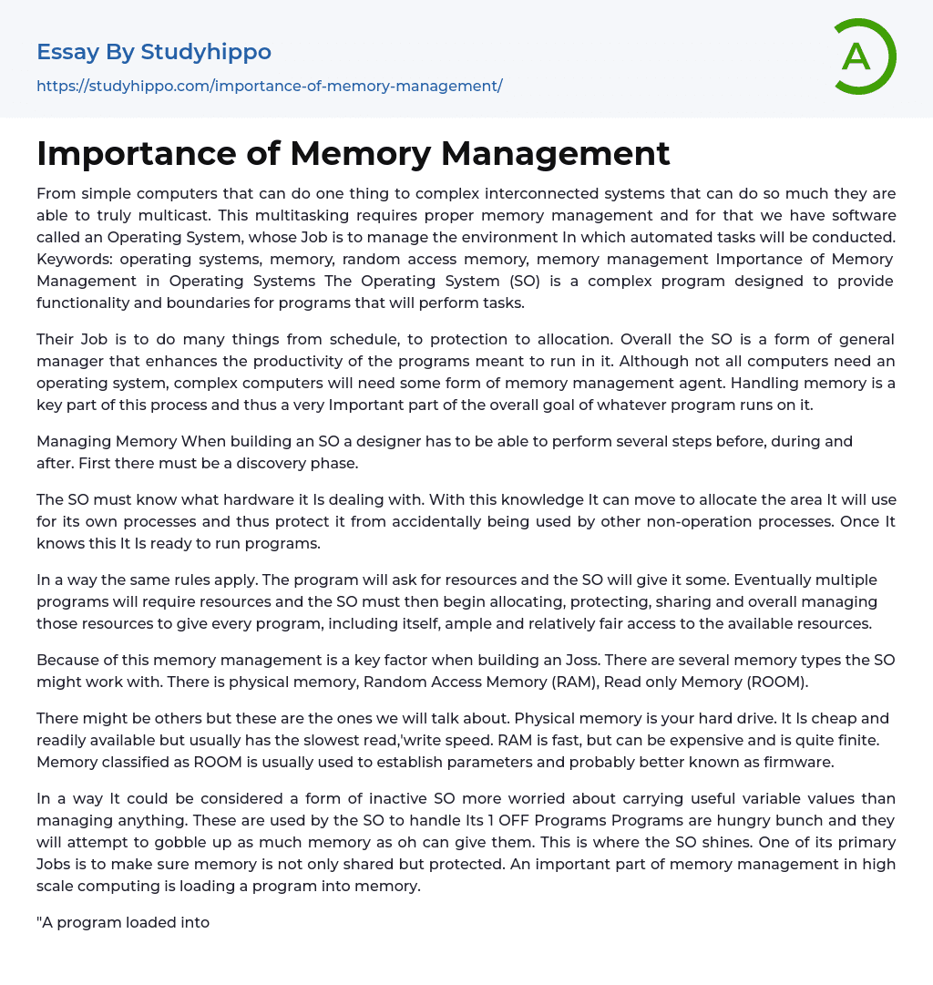 Importance of Memory Management Essay Example