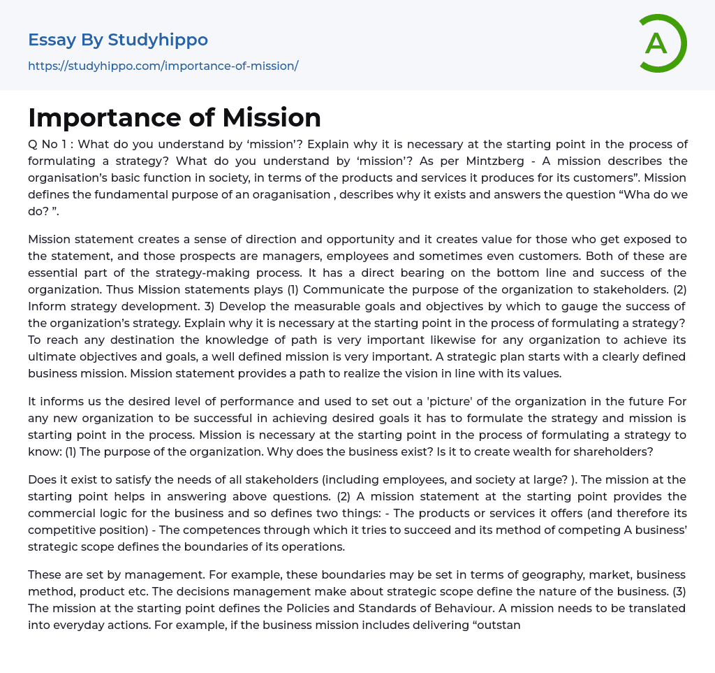 Importance of Mission Essay Example