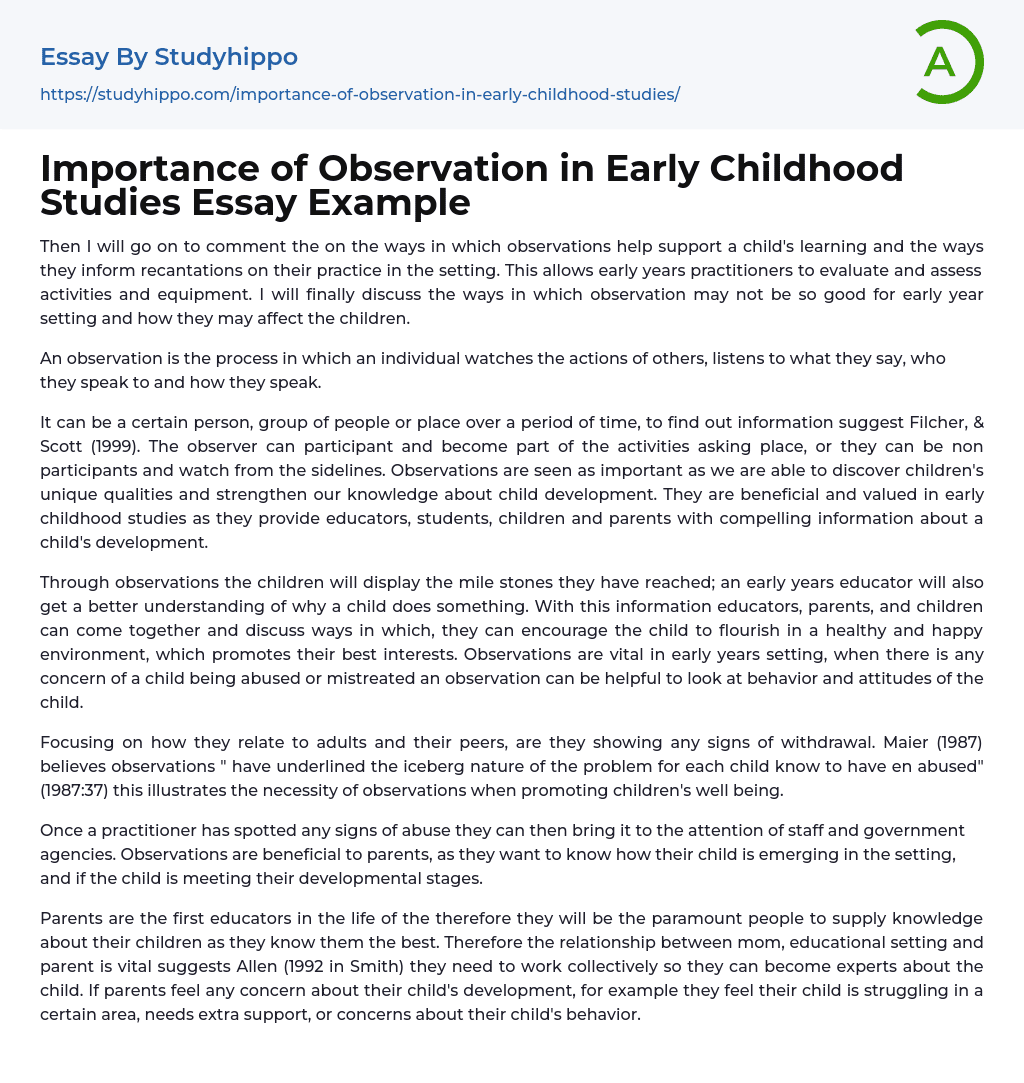 Importance of Observation in Early Childhood Studies Essay Example