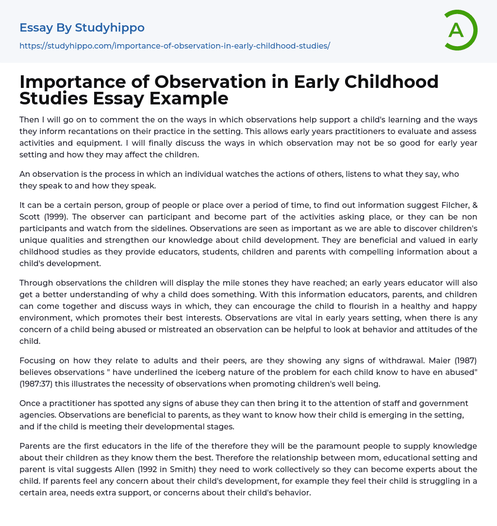 Importance Of Observation In Early Childhood Studies Essay Example 