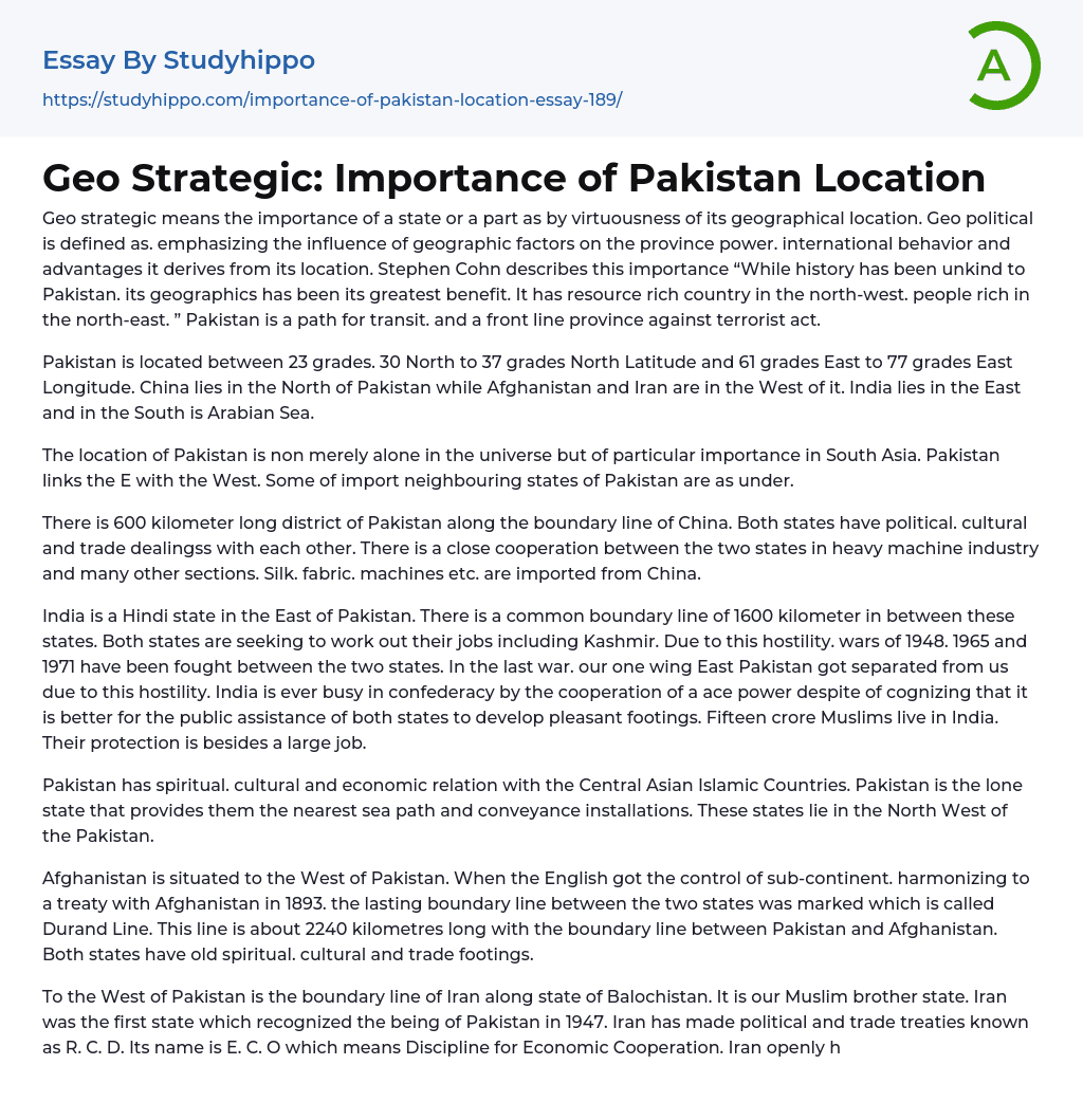 Geo Strategic: Importance of Pakistan Location Essay Example