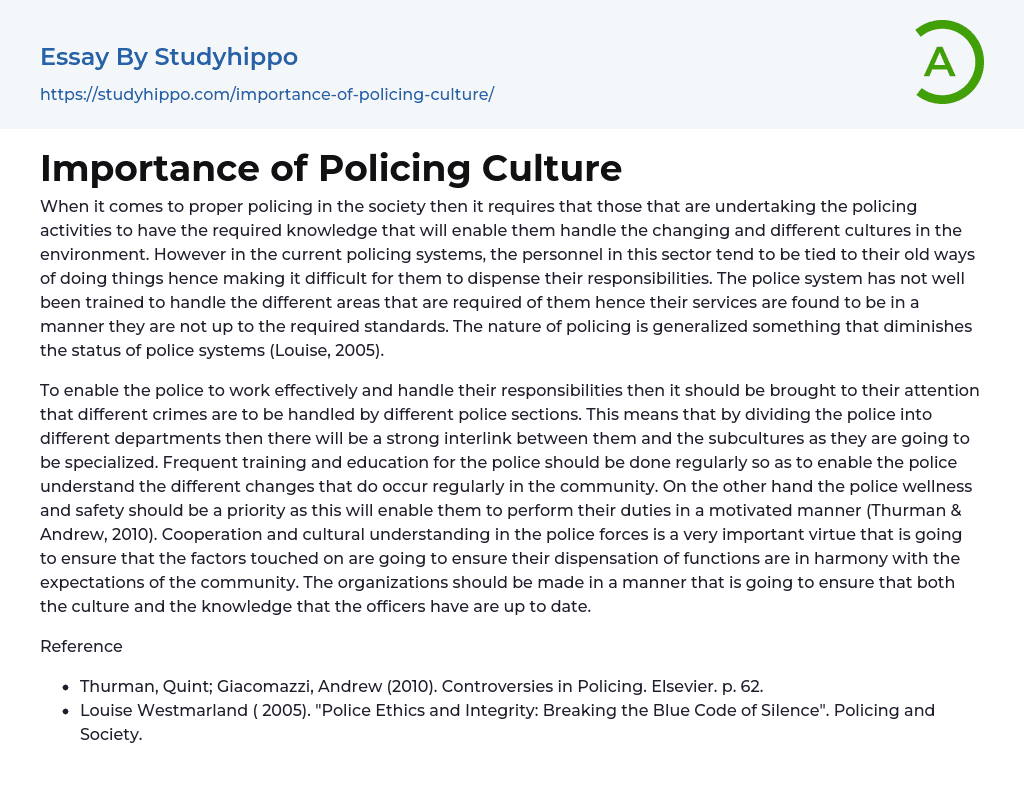 Importance of Policing Culture Essay Example
