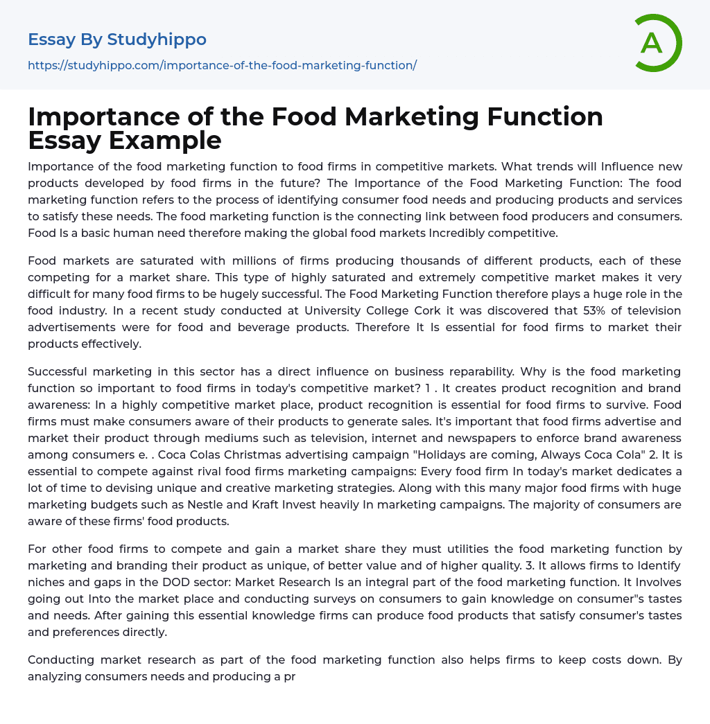 Importance of the Food Marketing Function Essay Example