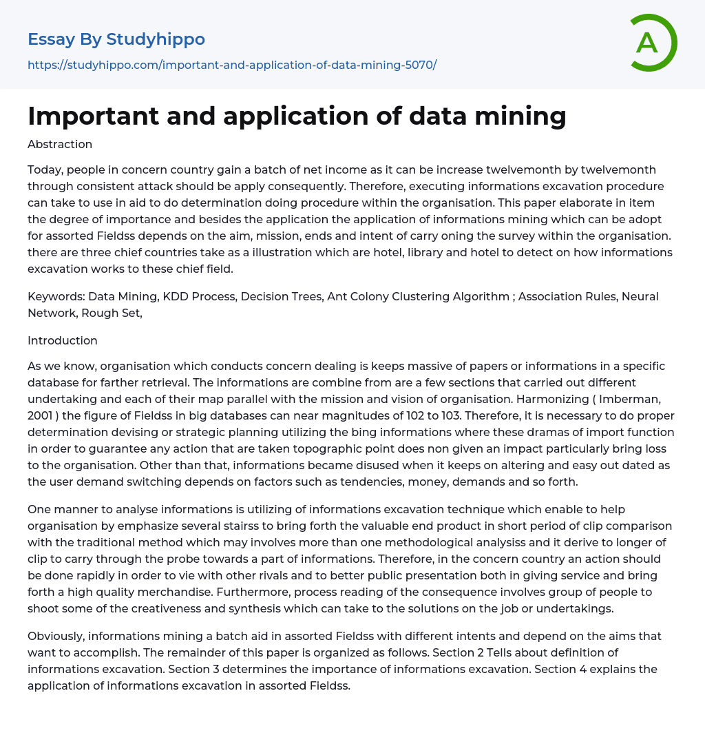 Important and application of data mining Essay Example