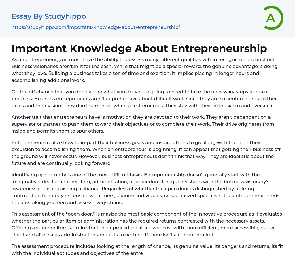 Important Knowledge About Entrepreneurship Essay Example
