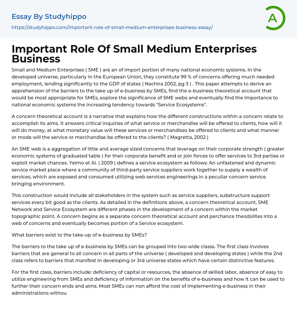 Important Role Of Small Medium Enterprises Business Essay Example
