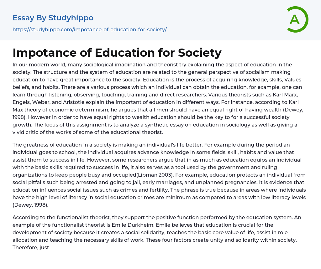Impotance of Education for Society Essay Example