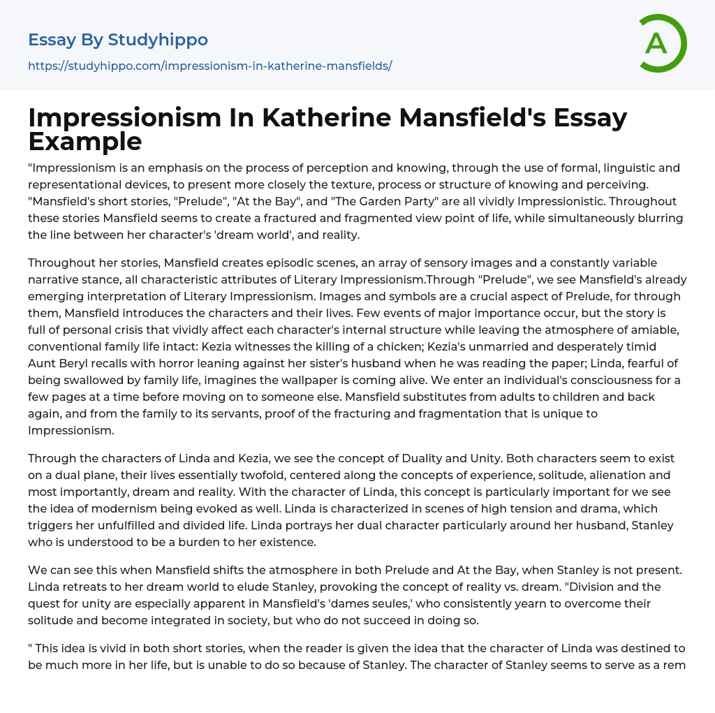 Impressionism In Katherine Mansfield’s Essay Example