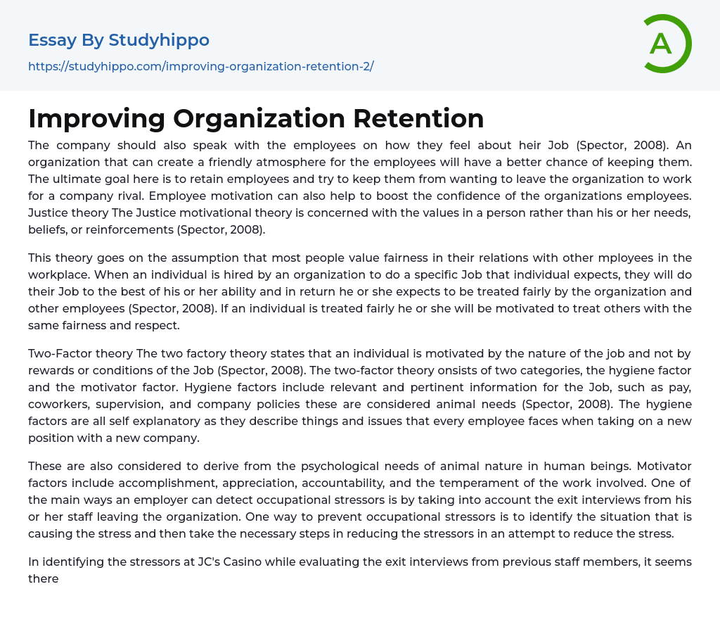 Improving Organization Retention Essay Example